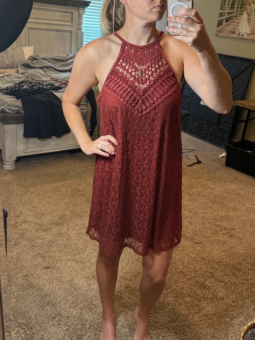 BeBop Crochet Halter Mini Dress - Wine